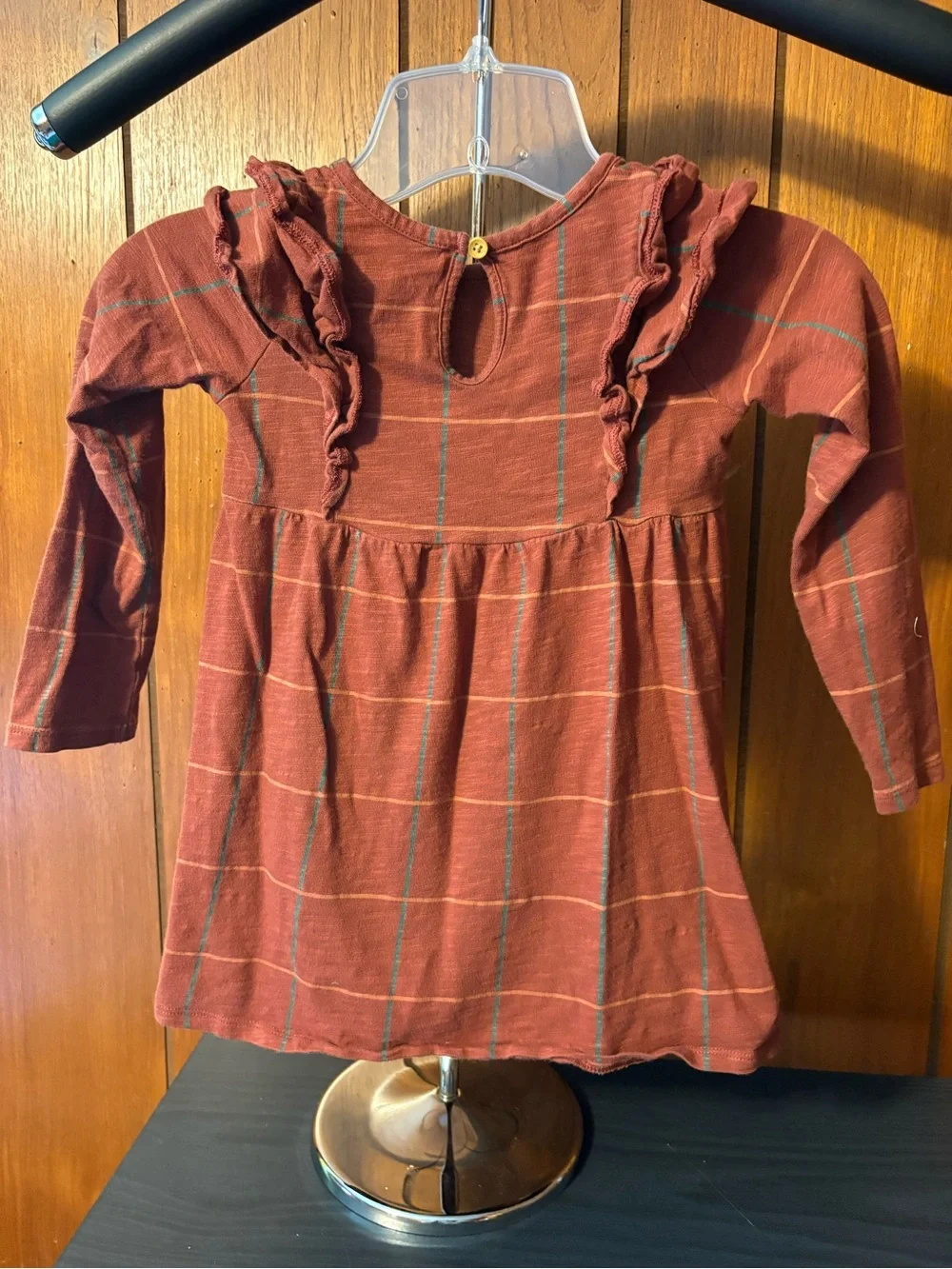 Girls' Rust Plaid Ruffle-Shoulder Casual Dress